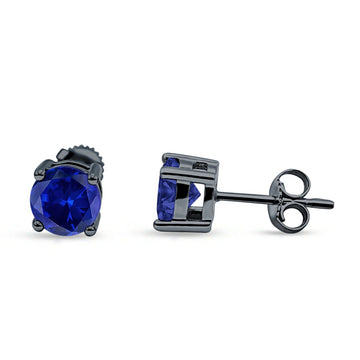 Solitaire Stud Earring Blue Sapphire CZ Black Tone 925 Sterling Silver Wholesale